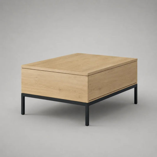 Tavolino quadrato con vano portaoggetti in MDF effetto rovere e acciaio nero, 70 × 70 × 50 cm