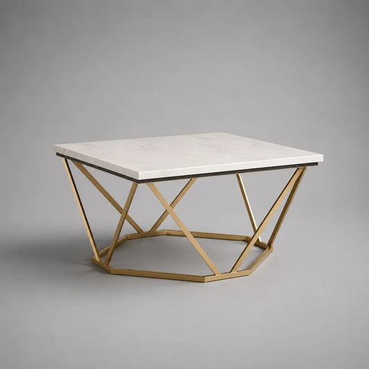 Tavolino da salotto quadrato in marmo bianco e acciaio dorato, 80 × 80 × 45 cm