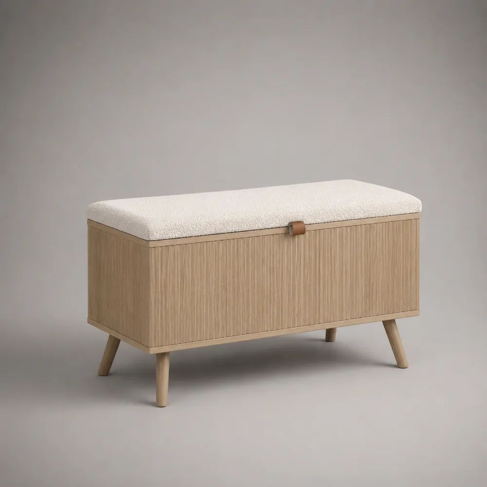 Panca contenitore rettangolare in legno con seduta in tessuto bouclé beige, 100 x 40 x 55 cm