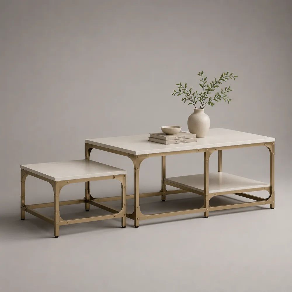 Set di 2 tavolini da salotto rettangolari in MDF e acciaio, bianco e oro champagne, 100 x 55 x 45 cm e 50 x 45 x 40 cm