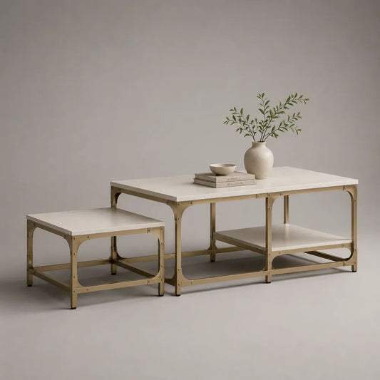 Set di 2 tavolini da salotto rettangolari in MDF e acciaio, bianco e oro champagne, 100 x 55 x 45 cm e 50 x 45 x 40 cm