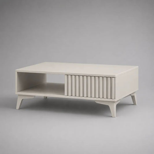 Tavolino da salotto rettangolare contenitore in MDF e truciolare bianco crema con anta scorrevole e vano aperto, 100 × 50 × 40 cm