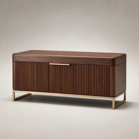 Cassapanca contenitore in legno e metallo marrone noce e ottone, 120 x 40 x 60 cm