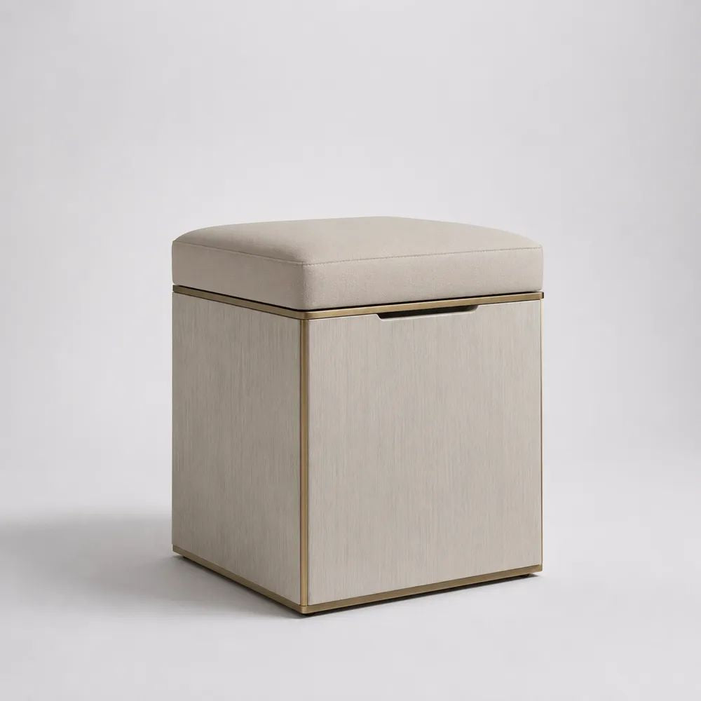Pouf contenitore quadrato in legno e metallo con seduta imbottita in tessuto, avorio, beige e oro, 45 x 45 x 58 cm