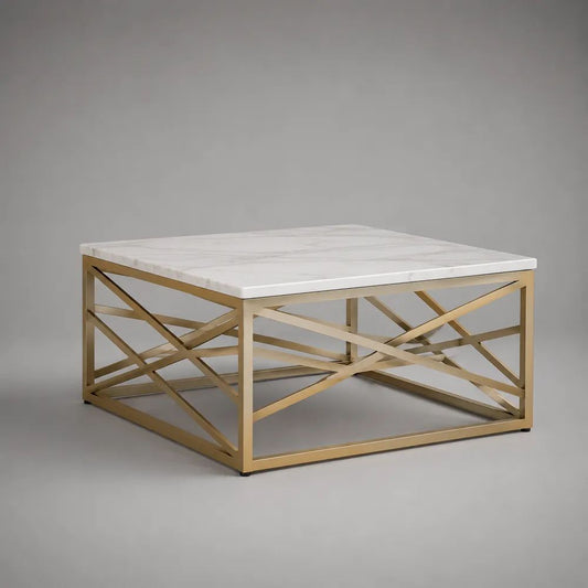 Tavolino da salotto quadrato in legno effetto marmo e metallo dorato, 80 x 80 x 45 cm, bianco e oro