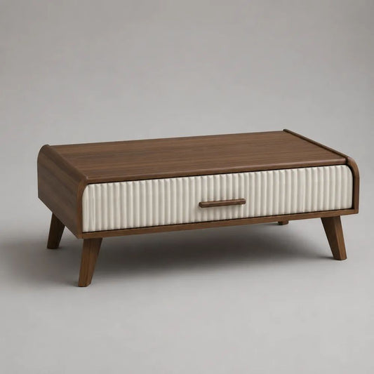 Tavolino da salotto rettangolare con cassetto in MDF impiallacciato noce, marrone noce e bianco avorio, 100 x 55 x 45 cm