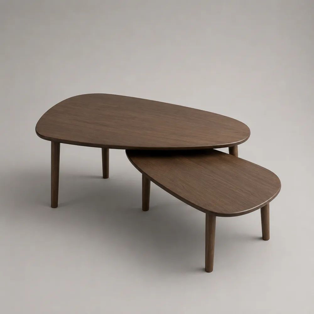 Set di 2 tavolini da salotto in MDF impiallacciato noce e legno massello, forma organica, marrone noce, 100 × 60 × 40 cm e 80 × 45 × 32 cm